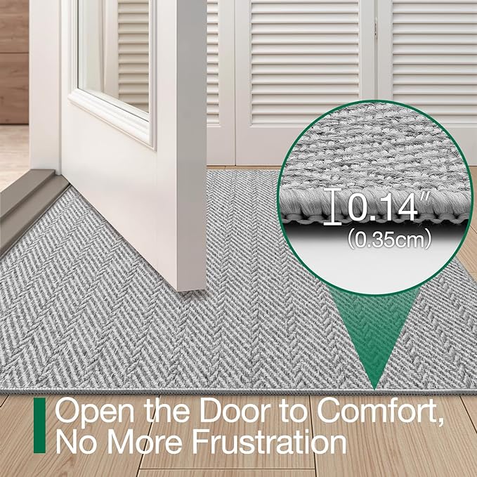 LUMI Ultra Thin Indoor Door Mat for Entrance 17"x30", Non Slip Entryway Mat, Low Profile Doormat, Unique Herringbone Design Carpet for Inside, Patio, Porch, Gray