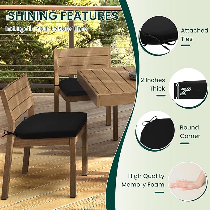 HARBOREST Outdoor Chair Cushions Set of 6, Water Resistant Patio Chair Cushions with Ties, Outdoor Seat Cushions for Patio Furniture, 17"x16"x2", Black