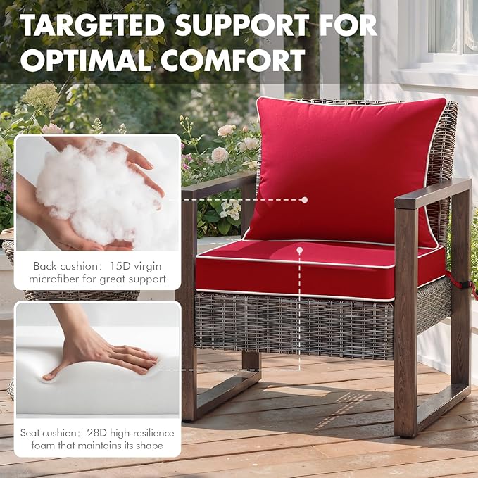 MIULEE Red Outdoor Seat Cushion 24x24 Inch Waterproof & 3 Year Fade Resistant Deep Seat and Back Cushion for Patio Furniture Chair Sofa Couch with Handle and Adjustable Straps