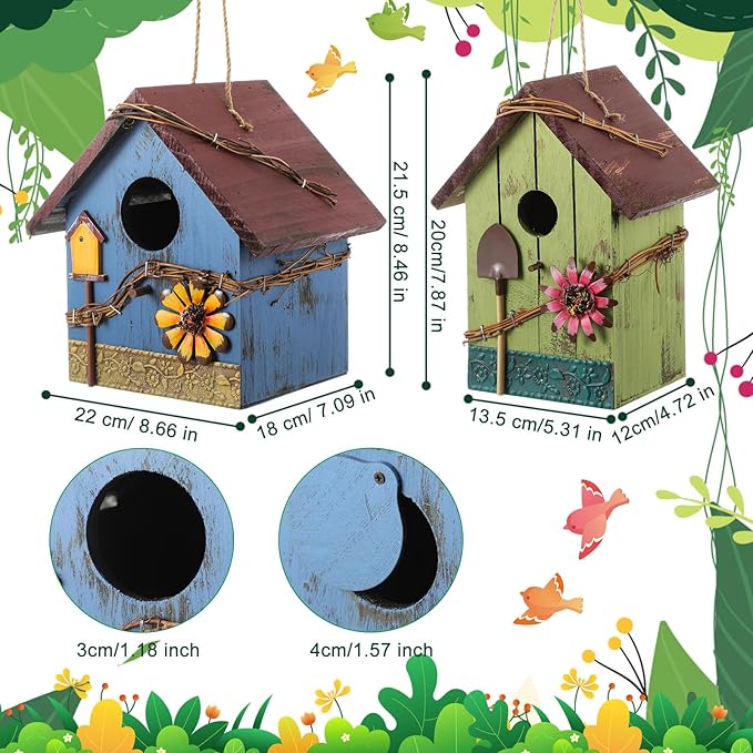 2 Pcs Decorative Birdhouse for Yard Outside Hanging Wooden Birdhouse Hand Painted Bird Box for Bird Lovers Bluebird Tree Swallow Wild Chickadee Garden Decor(Red,Blue,Wooden Roof)