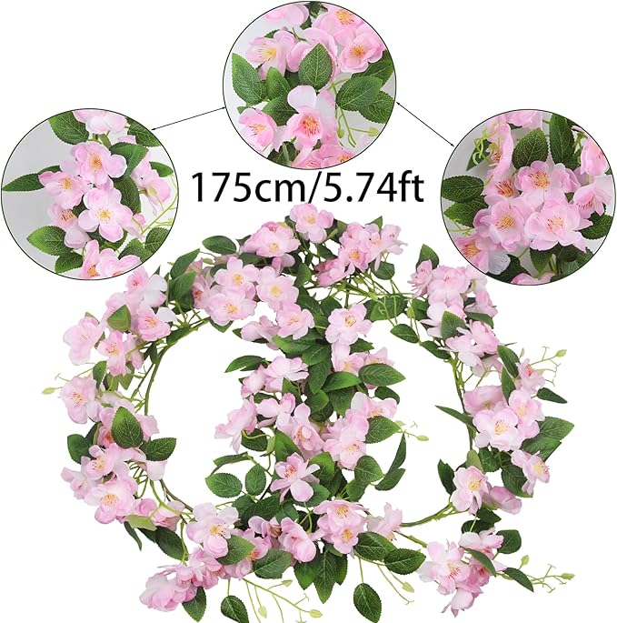 CISDUEO Artificial Cherry Blossom Flower Vine Hanging Pink Cherry Blossom Flower Silk Garland Hanging Vines Faux Flowers for Outdoors Spring Wedding Party Home Table Centerpiece Arrangement Decor