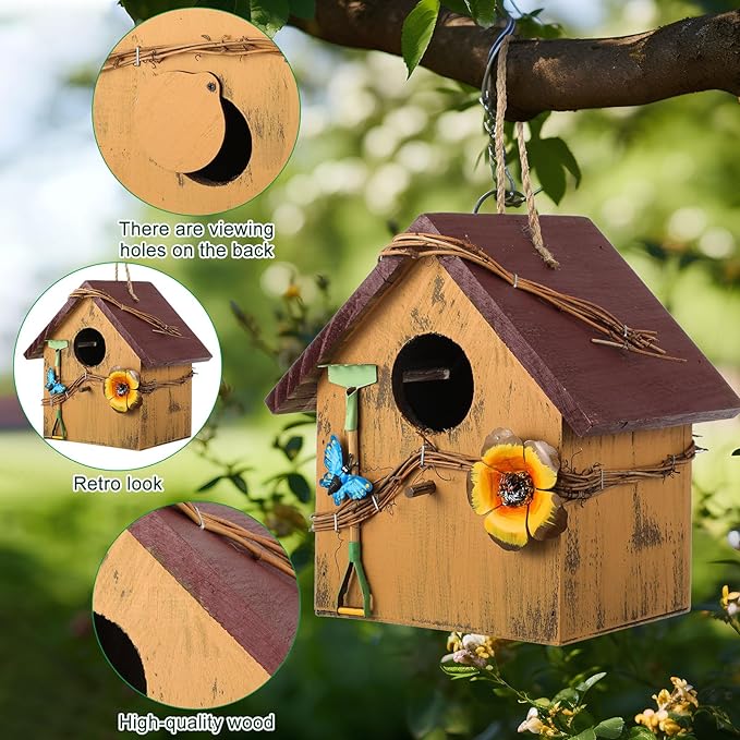 2 Pcs Decorative Birdhouse for Yard Outside Hanging Wooden Birdhouse Hand Painted Bird Box for Bird Lovers Bluebird Tree Swallow Wild Chickadee Garden Decor(Blue,Yellow,Wooden Roof)