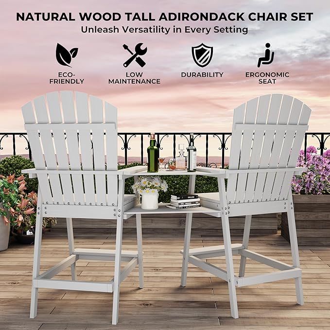 GarveeLife Outdoor Bar Height Adirondack Chairs with Connecting Tray, Balcony Chairs Adirondack for Deck, Backyard, Outdoor Tall AdirondackChairs, Patio High AdirondackChairs Set of 4