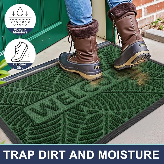 Smiry Welcome Mat Indoor Outdoor, All-Season Waterproof Front Door Mat, Sturdy Natural Rubber Doormat, Non-Slip, Easy Clean, Low Profile Dirt Trapper for Porch Patio Entrance, 29.5x17, Green