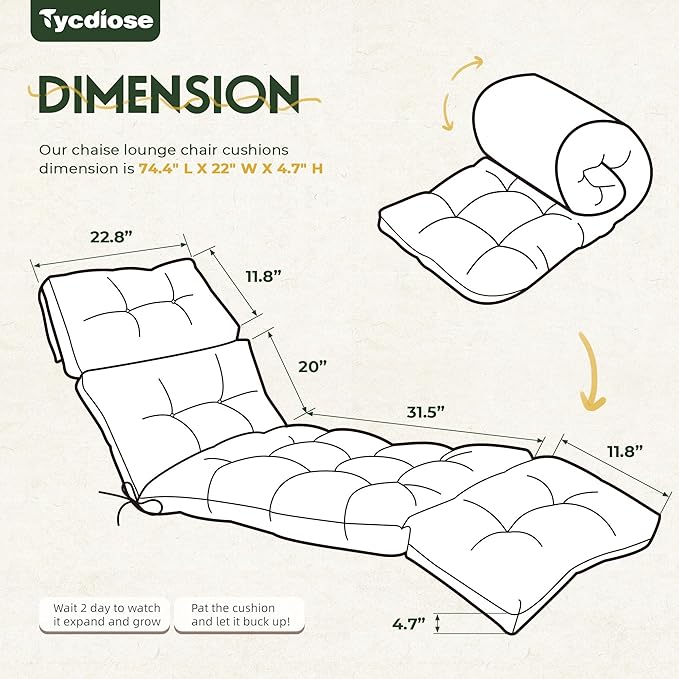 Outdoor Chaise Lounge Chair Cushion Set of 4, Thickened 74.4 x 22 x 4.7 Inches Memory Foam Waterproof Lounge Chair Cushions Replacement for Outdoor Furniture with Ties, Green