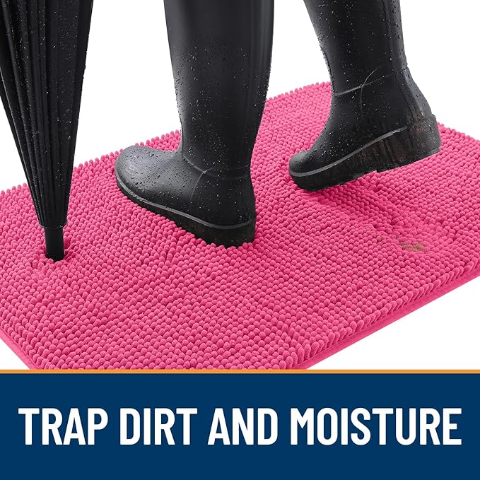 OLANLY Dog Door Mat for Muddy Paws 45x27, Absorbs Moisture and Dirt, Absorbent Non-Slip Washable Doormat, Quick Dry Chenille Mud Mat for Dogs, Entry Indoor Entryway Carpet for Inside Floor, Hot Pink