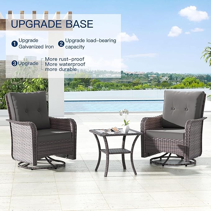 Kullavik 9 Pieces Outdoor Patio Furniture Set,PE Wicker Rattan Sectional Sofa Patio Conversation Sets with Tempered Glass Table,Swivel Rocking Chairs Set,Grey