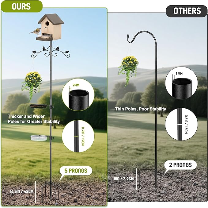 ERYTLLY Bird Feeder Pole Stand, 91 Inch Bird House Pole with 5-Prong Base Shepherds Hook for Hummingbird Feeders, Adjustable Bird Feeder Stand with Water Bowl Metal Mesh Tray for Outdoor Garden Decor