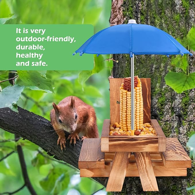MIXXIDEA Squirrel Feeder Picnic Table with Tall Umbrella, Wooden Squirrel Feeders for Outside, Cute Chipmunk Feeder with Corn Cob Holder, Solid Structure, Thick Wood (Rustic Brown Red Umbrella)
