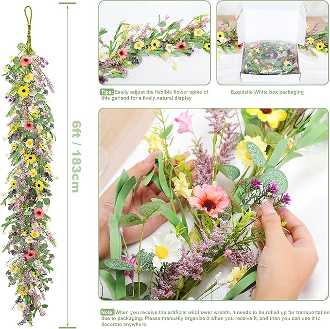 6 ft Artificial Wildflower Garland Wisteria Lavender Garland Daisy and Lavender Faux Floral Vine Summer Spring Floral Fake Wreath All Year Round Home Decor for Indoor Outdoor Home Wedding Arch