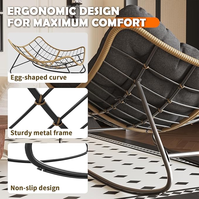 Outdoor Rocking Chair, Indoor Papasan Chair, Oversized Egg Rocking Chair with Thick Cushion, Rattan Wicker Rocker Lounge Chair for Bedroom, Living Room, Patio, Garden, Porch (Dark Grey)