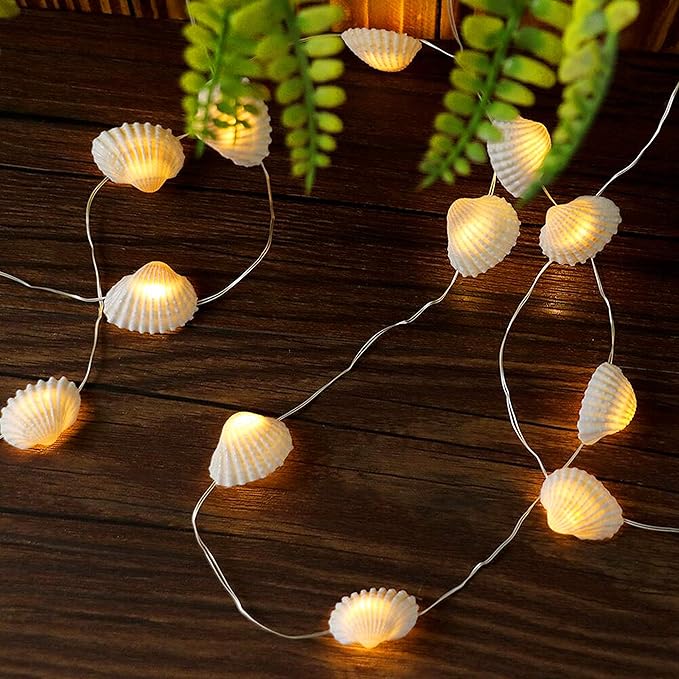 Decorman Natural Seashell String Lights 13.2ft 40 LED 8 Modes Warm White Weatherproof Battery Operated Ocean Theme Lights for Bedrooms Parties Weddings Gardens with Remote and Timer (Natural Shell)