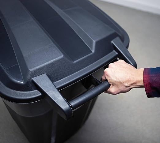32 Gallon Wheeled Heavy Duty Plastic Garbage Can, Attached Lid, Black