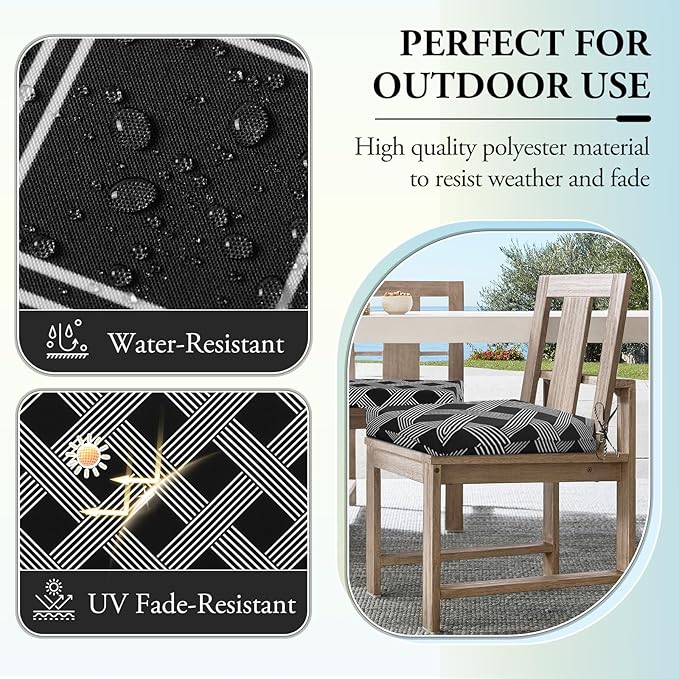 Wellsin Outdoor Chair Cushions for Patio Furniture - Outdoor Cushions for Chairs - Water Resistant Patio Chair Cushions Set of 4, 18.5"X16"X3", Black Geometry