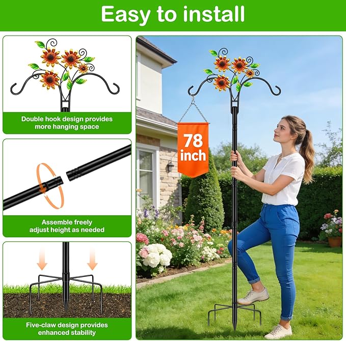 Double Shepherds Hooks for Outdoor, 2 Pack 78 Inch Bird Feeder Pole with 5 Prongs Base, Adjustable Heavy Duty Plant Hangers Sunflower Art for Outdoor Plants Hummingbird Feeder Hanging Basket Lantern