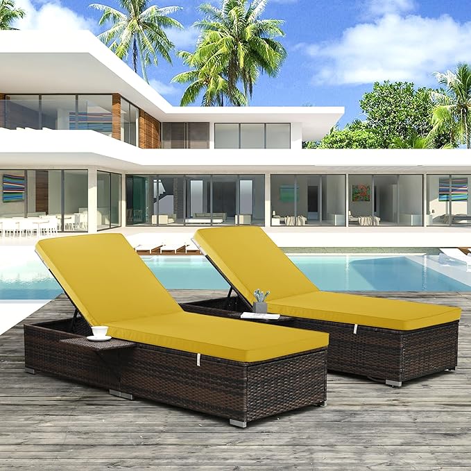 Outdoor Chaise Lounge Cushion Set of 2, Fadesafe Water-Repellent Lounge Deck Reclining Chair Cushions for Patio Furniture Lawn Pool Resort Hotel, 72x21x3 Inch, Yellow