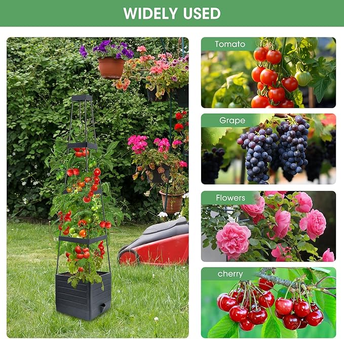 Garden Trellis for Climbing Plants, 57in Raised Garden Bed Planter Box with Trellis, Tomato Cage Planters for Outdoor Plants Climbing Vegetable Vine Flowers Outdoor & Indoor/Self-Watering (4PCS)