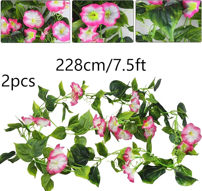 CISDUEO 2 Pcs Artificial Vines Silk Morning Glory Vines for Outdoor 15Feet Hanging Plants Garland Pink Fake Green Plant Morning Glories for Home Decor Wall Fence Stairway Wedding Hanging Baskets