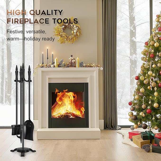 FEED GARDEN 4-Piece Fireplace Tool Set - 31” Wrought Iron Fire Tools with Poker, Shovel, Brush & Stand - Indoor/Outdoor