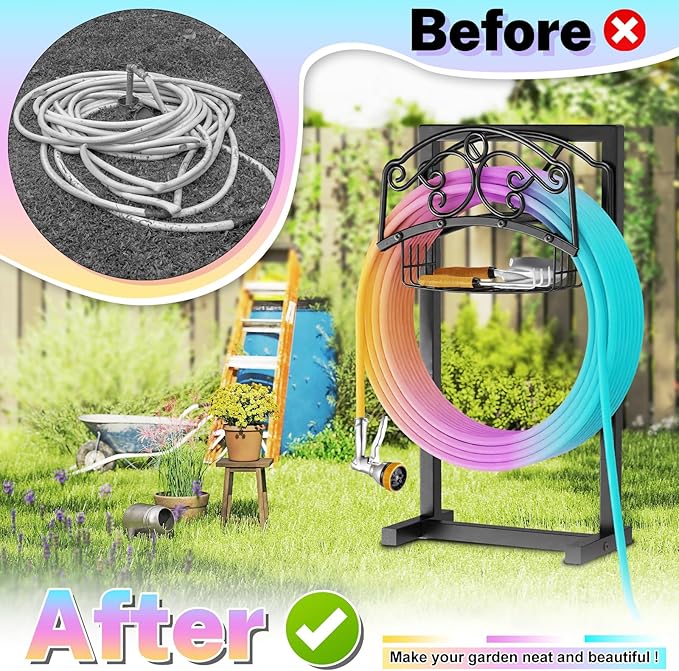 Garden Hose Holder, Metal Water Hose Holder with Storage Basket, Heavy Duty 4 Spikes Hose Hanger Holds 150 Feet Hoses, Freestanding Hose Storage Reel Rack for Outdoor Yard Lawn