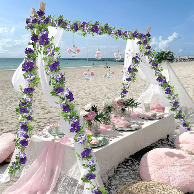 2 Pcs Artificial Flowers Vines Outdoors Silk Petunias Garland Spring Flowers Garland for Mantle 11 FT Fake Morning Glory Hanging Vines Plants for Mailbox Fence Wedding Banquet Decor Purple