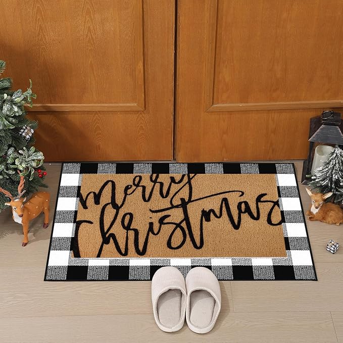 Tinideya 2 Pcs Merry Christmas Door Mat Xmas Welcome Non Slip Coir Mats Black White Buffalo Plaid Floor Layering Doormats Seasonal for Front Porch Entryway Decor(Merry Christmas)