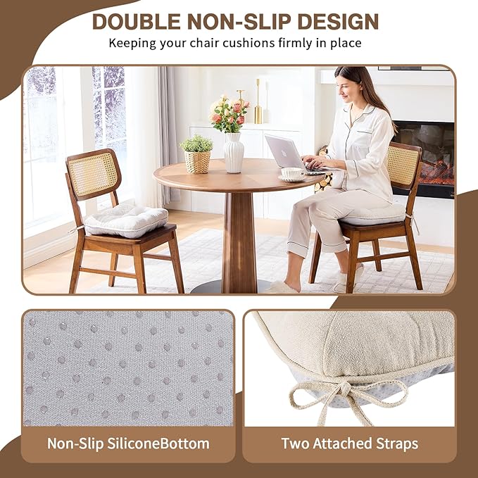 BETU Chair Cushions for Dining Chairs Set of 6,3.5" Thick Kitchen Table Chair Pads with Ties,Non Slip Backing and Covers, Seat Cushion for Dining Room,Bar,Patio Chairs,16"X16"X3.5",Beige
