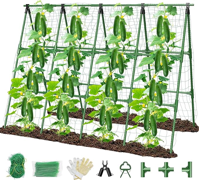 71x51 Inch Cucumber Trellis for Raised Bed,Foldable A-Frame Garden Trellis for Climbing Plants Outdoor with Climbing Net,Plastic-Coated Steel Core,for Cucumber Beans and Vine Type Plants