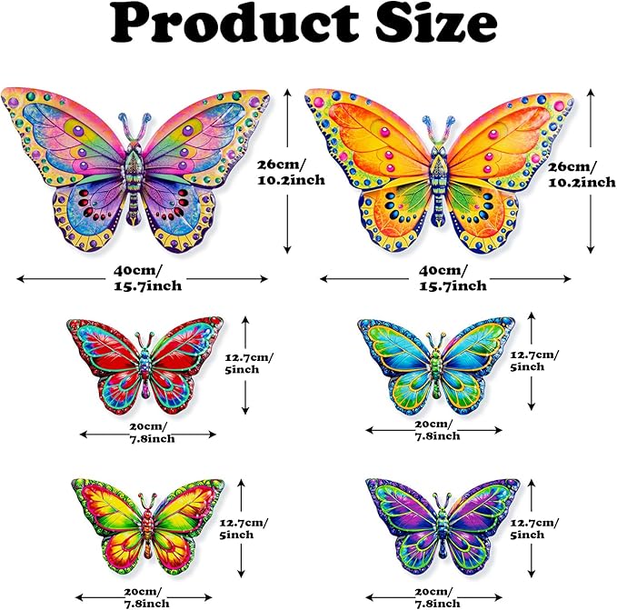 6Pcs Metal Butterfly Wall Decor, 16Inch/8Inch Outdoor Butterfly Wall Art for Fence Garden Yard Room Patio Balcony Decorations