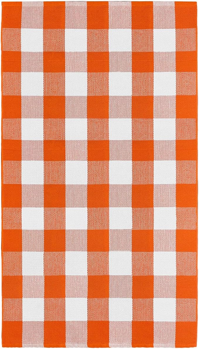 IOHOUZE Fall Buffalo Plaid Check Rug Outdoor Doormat 3x5 Ft Washable Woven Outdoor Indoor Welcome Mats for Front Door/Farmhouse/Entryway/Home Entrance Orange and White Outdoor Rug