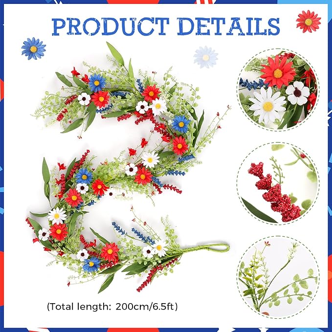 6.56 Ft 4th of July Flower Garland Wreath Patriotic Red Blue White Daisy Vine Garland Artificial Wild Floral Garland for Independence Day Arch Porch Stair Table Indoor Door Home All Year