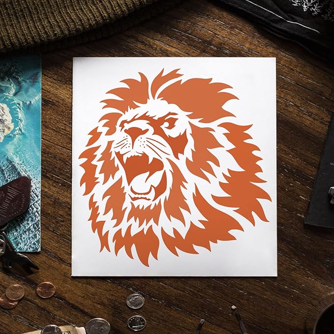 FINGERINSPIRE Lion Head Stencil 11.8x11.8 Inch - Wild Animal Pattern for African Big Cat - Reusable Plastic Stencil for Painting on Wood, Floor, Wall and Tile