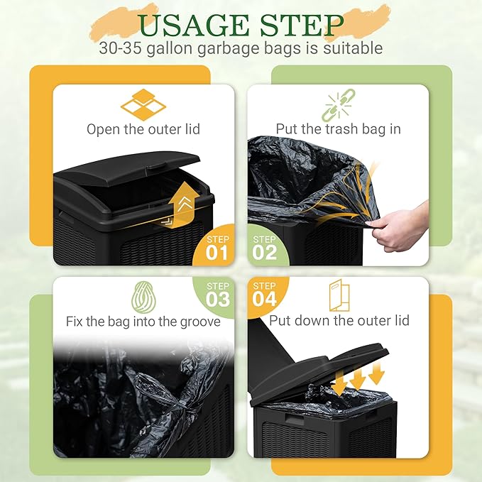 Greesum 33 Gallon Outdoor Trash Can with Lid, Waterproof Resin Garbage Bin for Hideaway, Deck, Patio, Black