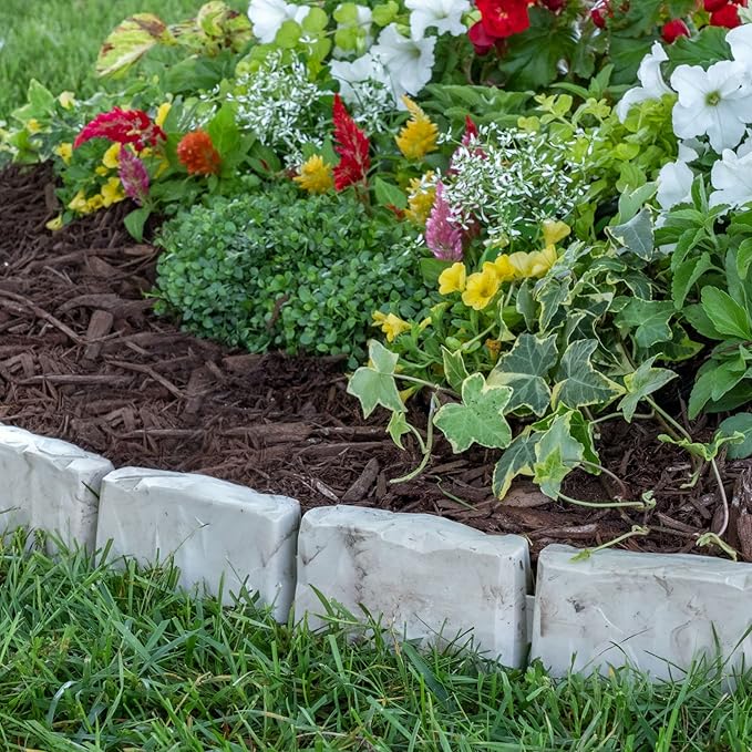 EasyFlex No-Dig Landscape Edging with Anchoring Spikes, 2.7 in Tall Decorative Stone-Look Garden Border, 15 Foot Kit, Brown