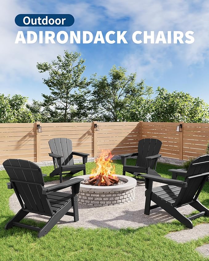 Modern HDPE Plastic Adirondack Chair - Oversize 380 LB Poly Lumber Weather Resistant Firepit Chair - Outdoor Patio Chairs with Wooden Textured for Garden, Backyard, Lawn, Deck, Pool, Porch - Black