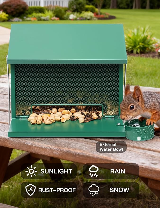 Metal Squirrel Feeder, Hanging Squirrel Feeders for Outside, Chipmunk Hanging House Box with Water Bowl for Corn, Nut, Peanuts