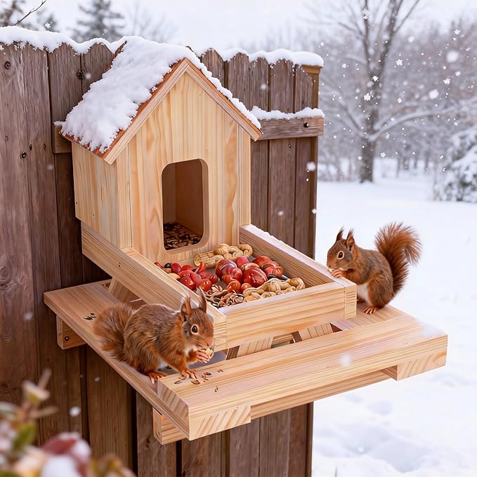Wooden Squirrel Feeder, Squirrel Picnic Table Feeder with Corn Cob Holder, Squirrel Feeders for Outside Backyard