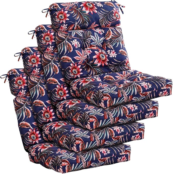 Barydat 4 Pcs Tufted High Back Chair Cushion Indoor Outdoor Seat and Back Cushions Palm Leaves Tropical Plants Lawn Rocking Chair Pads with Ties for Adirondack Patio Garden(Bright Style)
