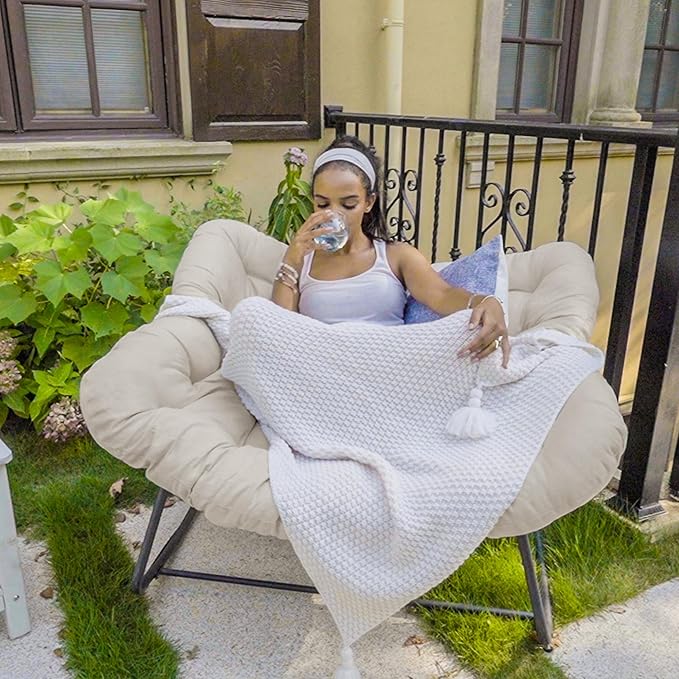 Rocking Papasan Chair, Oversized Outdoor Rocking Chair Rattan Rocking Chair with Deep Seat Thick Cushion, Patio Rocking Chair for Indoor/Porch/Garden (Beige & Black)