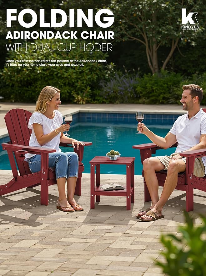 KINGYES Folding Adirondack Chair Set of 2, Dual Cup Holders & All-Weather HDPE, Wood-Like Patio Chair for Backyard, Camping, Pool & Fire Pit, Dark Red