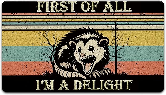 JINYO Funny Opossum Door Mat, First of All I'm a Delight Possum Outdoor Indoor Door Mats for Home Entrance Entryway, Funny Welcome Mats, Opossum Gifts, 17x30 Inch