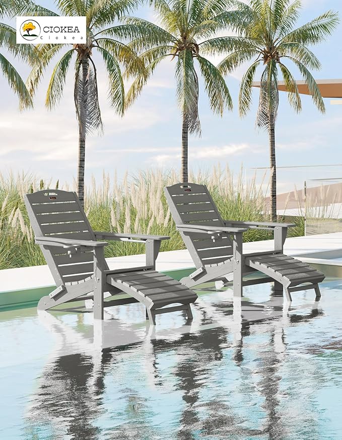 Ciokea Folding Adirondack Chair Set of 2 with Retractable Ottoman, Outdoor Fire Pit Chair with Pull Out Foot Rest Weather Resistant Lawn Patio Chair with 2 Cup Holder (Gray)