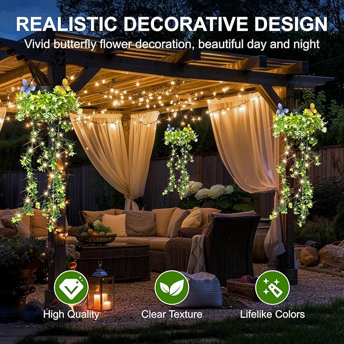 Solar Hanging Garden Lights, 2 Pack 66 LEDs Realistic Flower Vine Fairy String Lights, IP65 Waterproof Outdoor for Garden, Patio, Fence Decor, 8-12 Hrs Auto Lighting