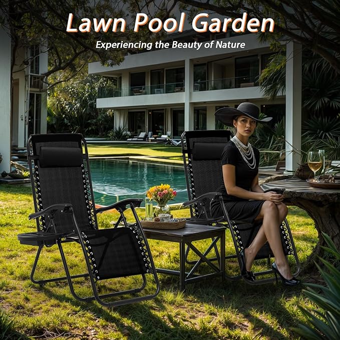 Zero Gravity Chairs, Portable Folding Reclining Lounge Chairs with Adjustable Pillow and Cup Holder Trays for Outdoor, Patio, Beach, Camping, Garden, Poolside, Black