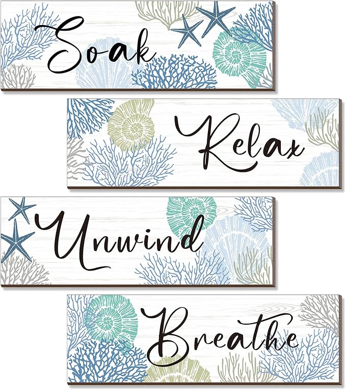 Pinkunn 4 Pcs 11 x 3.5 Inches Ocean Beach Bathroom Wall Decor Coastal Bathroom Decor Wood Relax Soak Unwind Breathe Wall Art Starfish Seashell Coral Nautical Art Rustic Farmhouse Wooden Signs