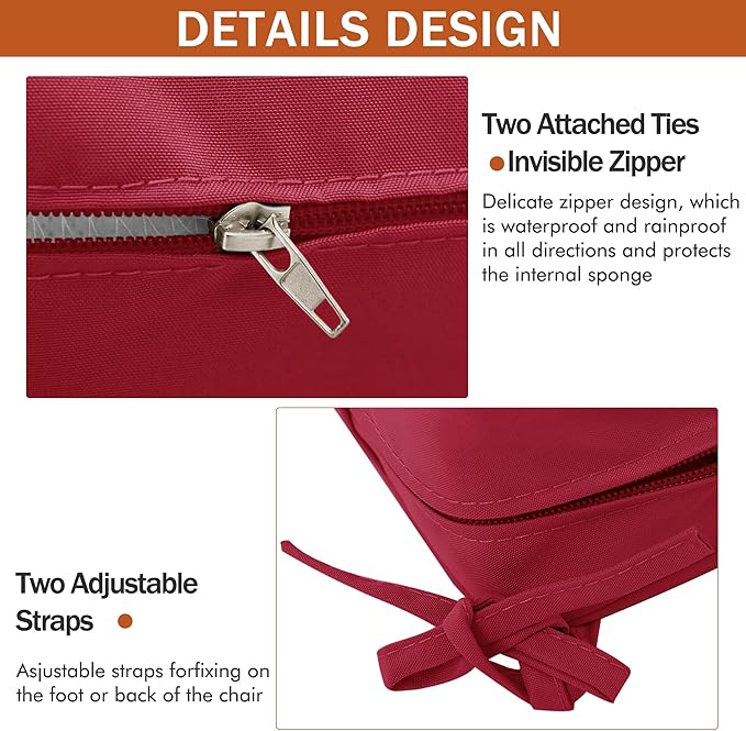Outdoor Chair Cushions 18.5x16 Inch Waterproof Patio Chair Cushions with Tie 5 Year Color Fastness Thick Outdoor Seat Cushion for Patio Furniture Burgundy Set of 4