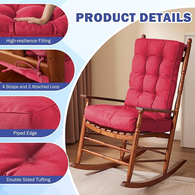 Rocking Chair Cushion, Waterproof and Fade-Resistant Patio Chair Cushions, Tufted Chair Pads for Rocker Furniture, 17x17 Inch, Indoor/Outdoor Seat Cushions with Ties, Burgundy