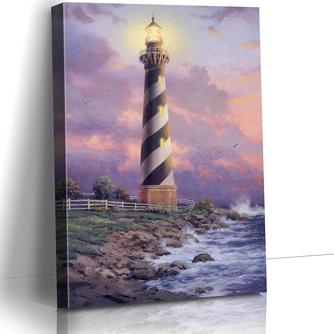 STUDIO HAVEN Thomas Kinkade Canvas Wall Art, Black and White Striped Beacon Glowing Lantern Crashing Waves Twilight Oil Painting Poster Nautical Wall Decor, Framed Prints for Home Decor, 28x40Inch