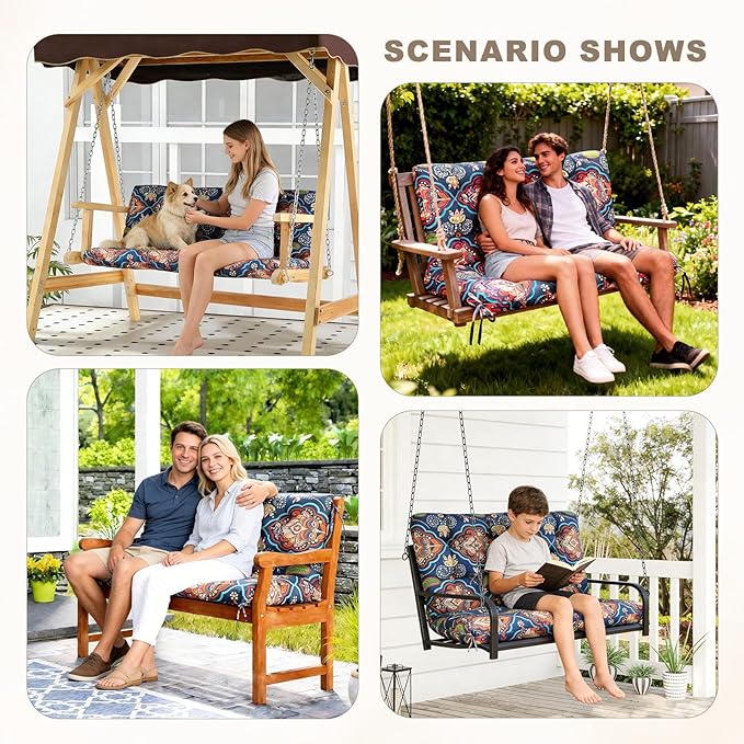 Porch Swing Cushion with Backrest,Waterproof Bench Cushion for Outdoor Furniture,2-3 Seater Replacement Thickened Swing Cushion with Ties,Patio,Outdoor,Backyard and Garden (Bohemian,47x40)