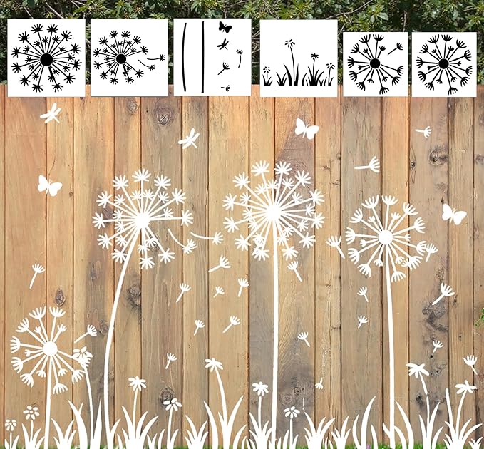 Large Dandelion Flower Stencils, 6Pcs 12x12Inch Dandelion Stencils for Art Crafts Painting Garden Fence Stencil Templates Painting on Wall Wood